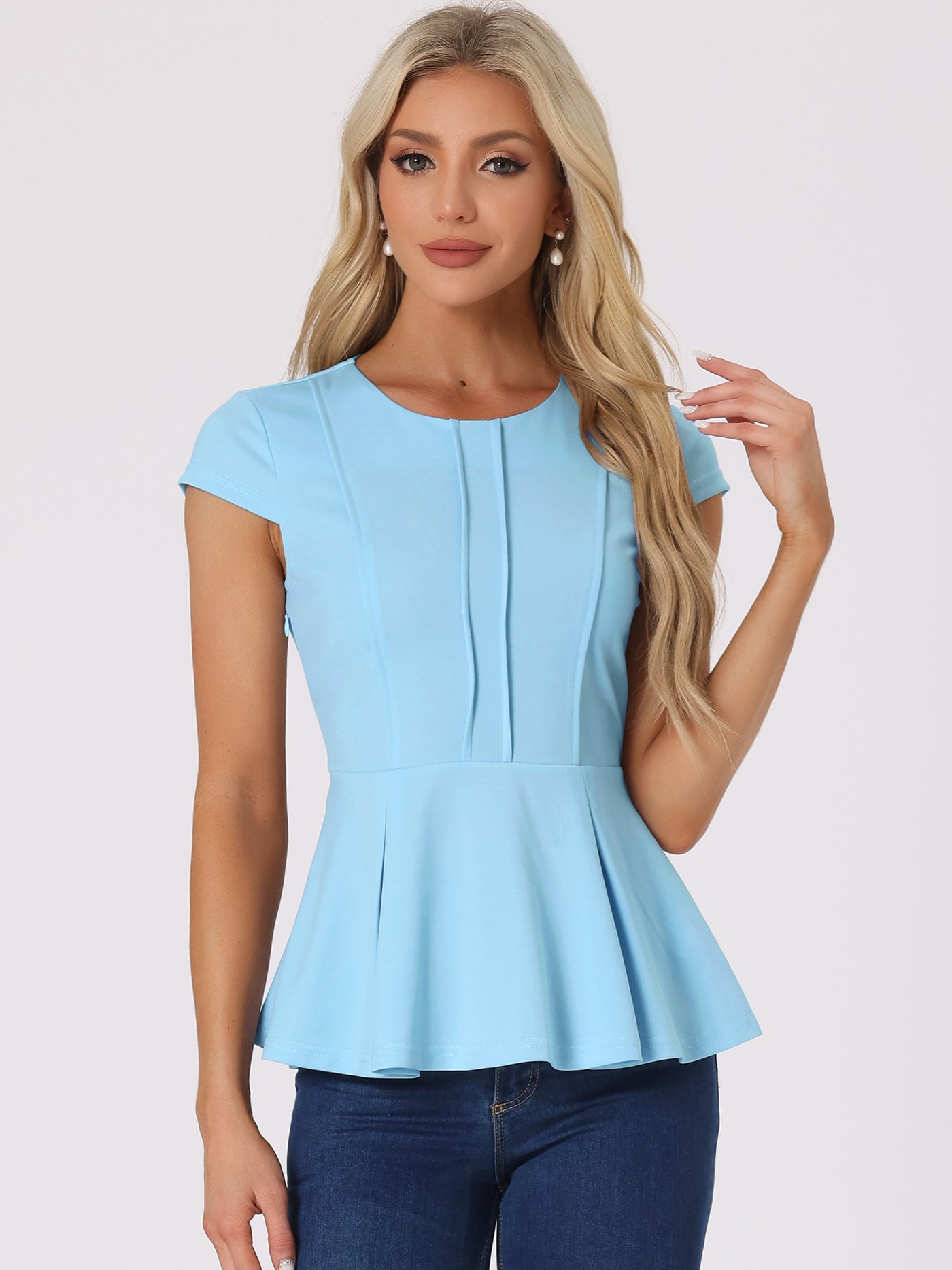 Allegra K Elegant Round Neck Solid Color Cap Sleeve Peplum Blouse