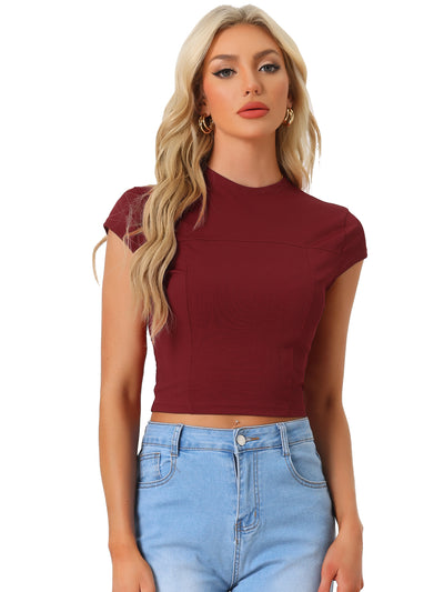 Women's Casual Crew Neck Cap Sleeves Basic Solid Crop Top