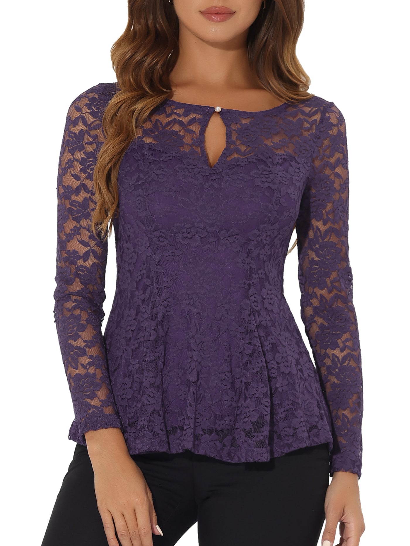 Allegra K Lace Tops Keyhole Front Peplum Hem Sheer Long Sleeve Blouse