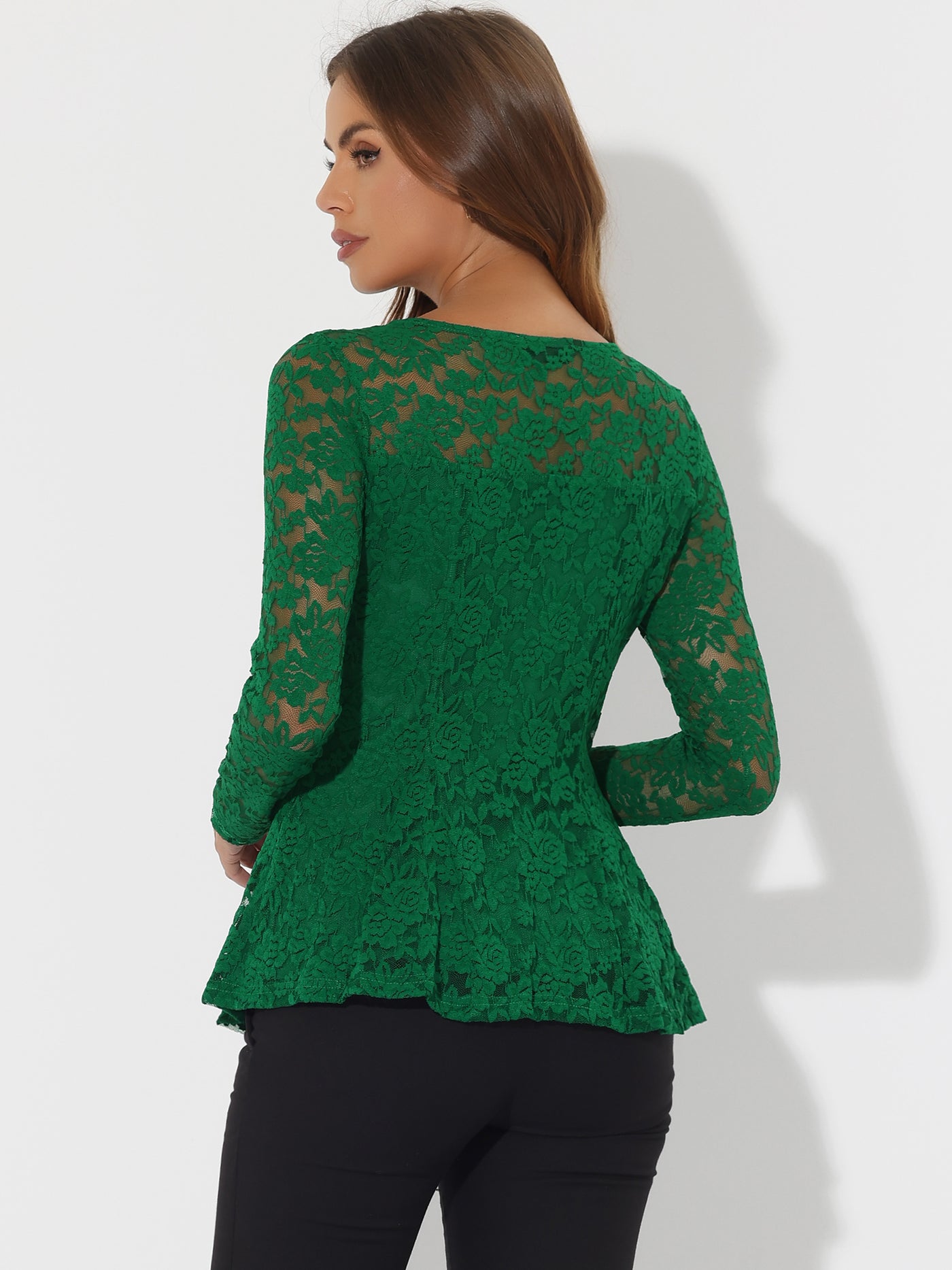 Allegra K Lace Tops Keyhole Front Peplum Hem Sheer Long Sleeve Blouse