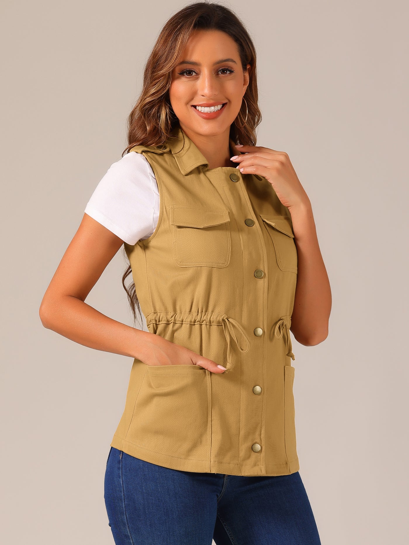 Allegra K Zip Up Sleeveless Jacket Utility Anorak Outwear Cargo Vest