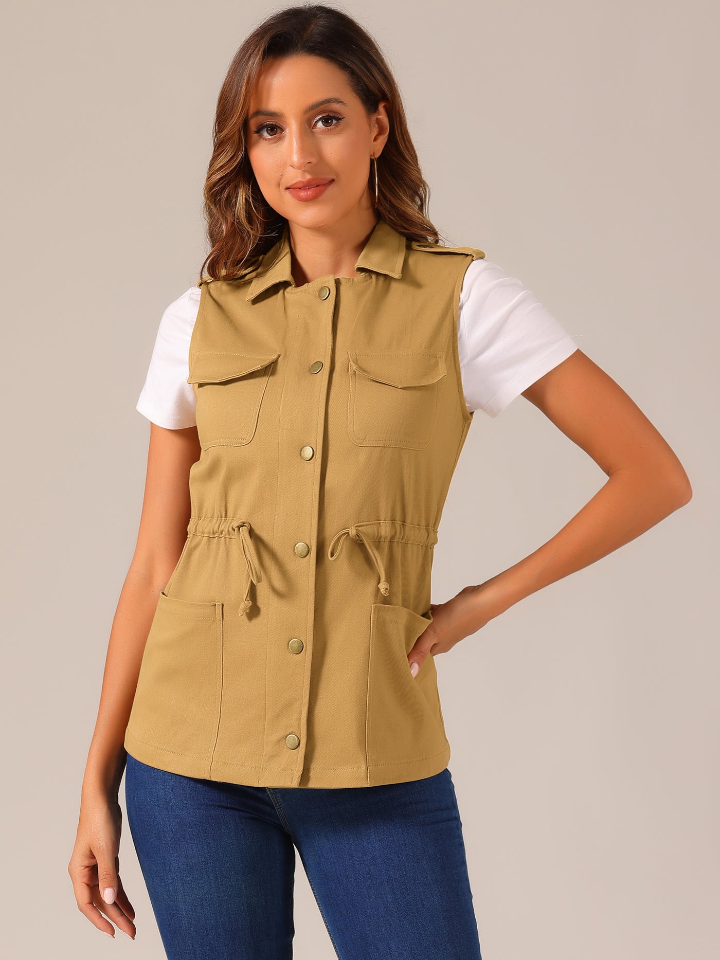 Allegra K Zip Up Sleeveless Jacket Utility Anorak Outwear Cargo Vest