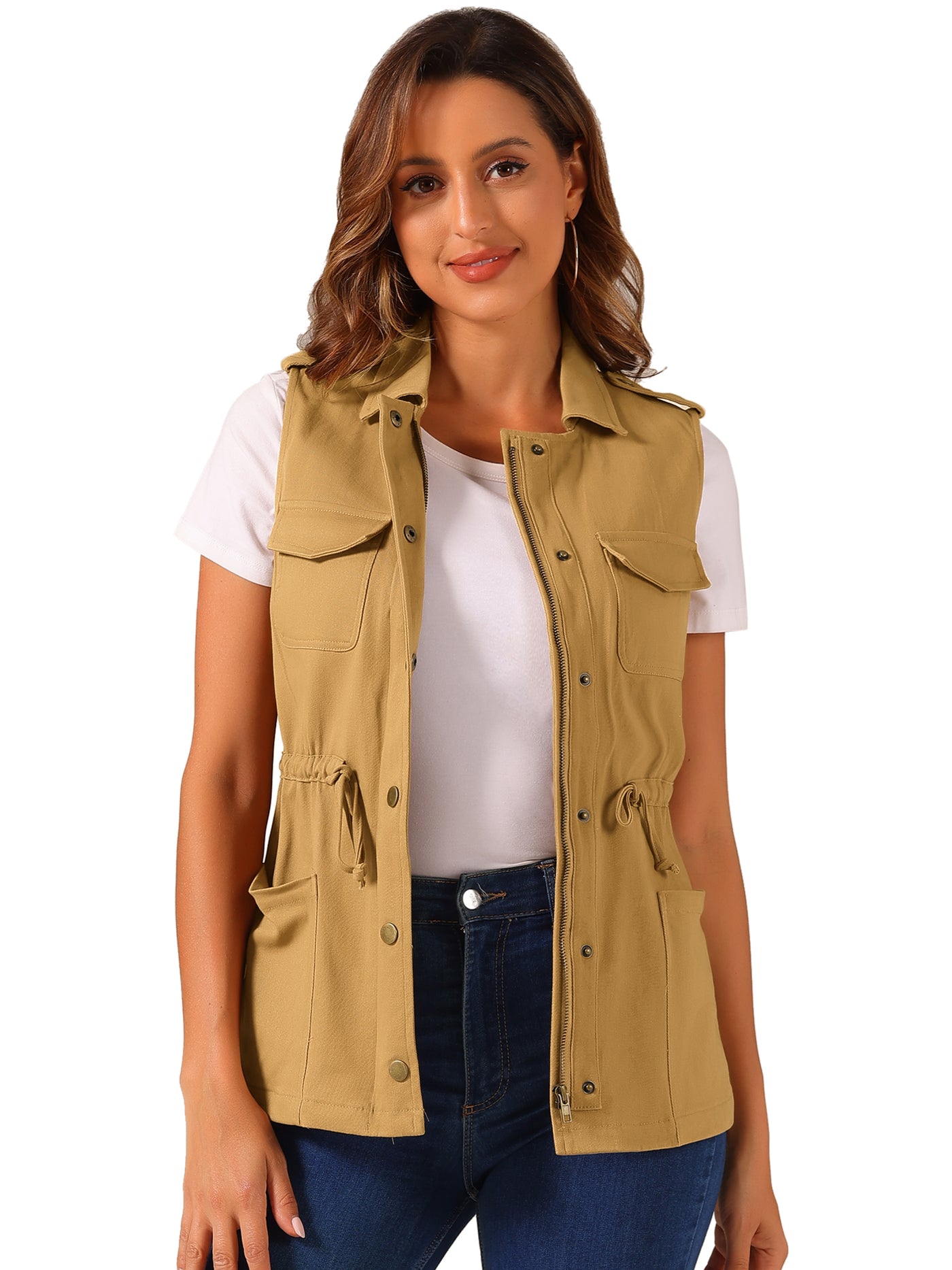 Allegra K Zip Up Sleeveless Jacket Utility Anorak Outwear Cargo Vest