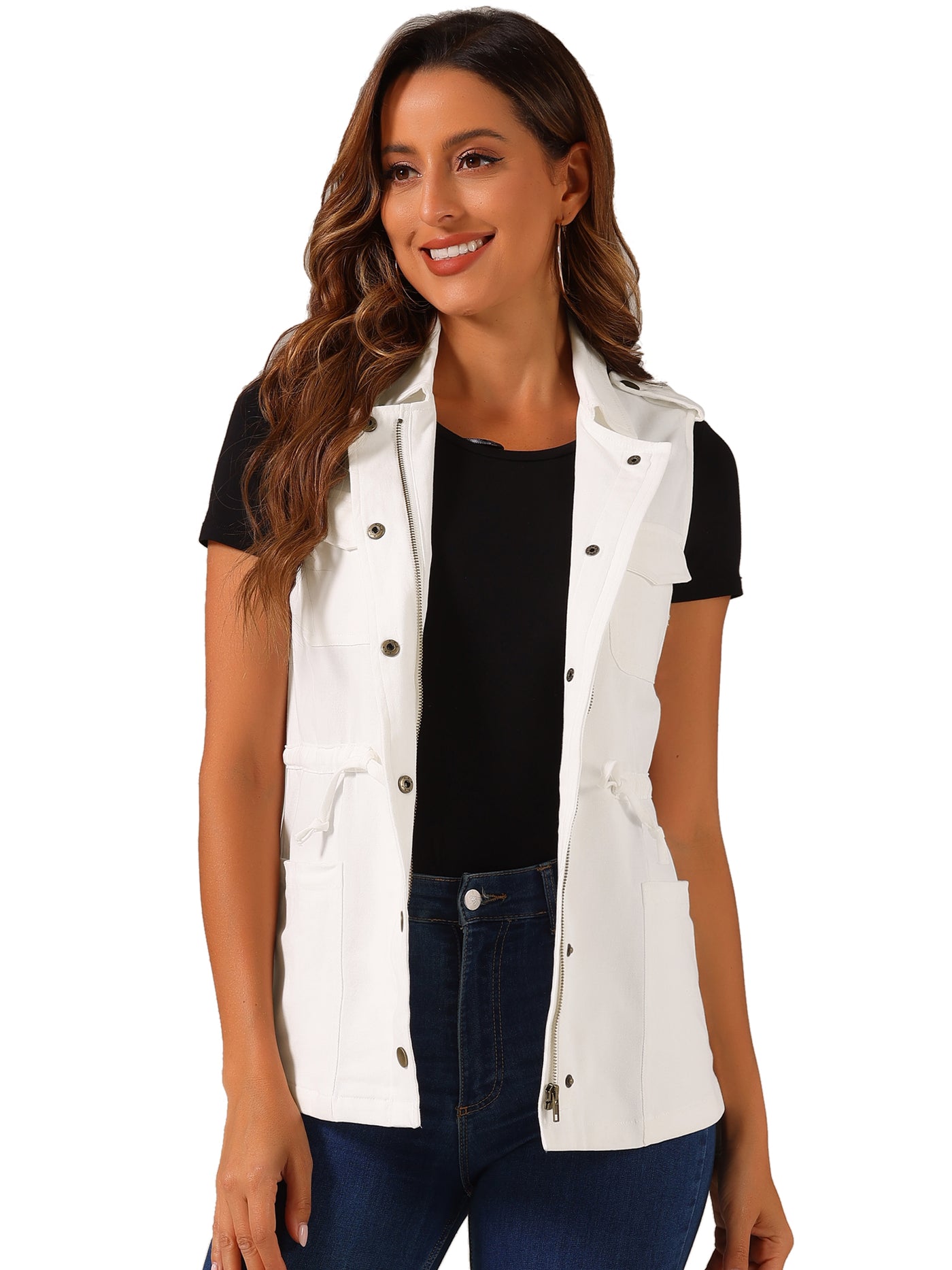 Allegra K Zip Up Sleeveless Jacket Utility Anorak Outwear Cargo Vest