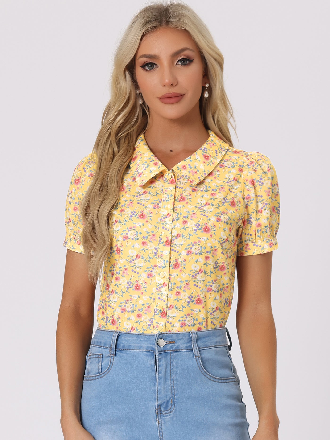 Allegra K Puff Sleeve Shirt Point Collar Top Button Down Floral Blouse