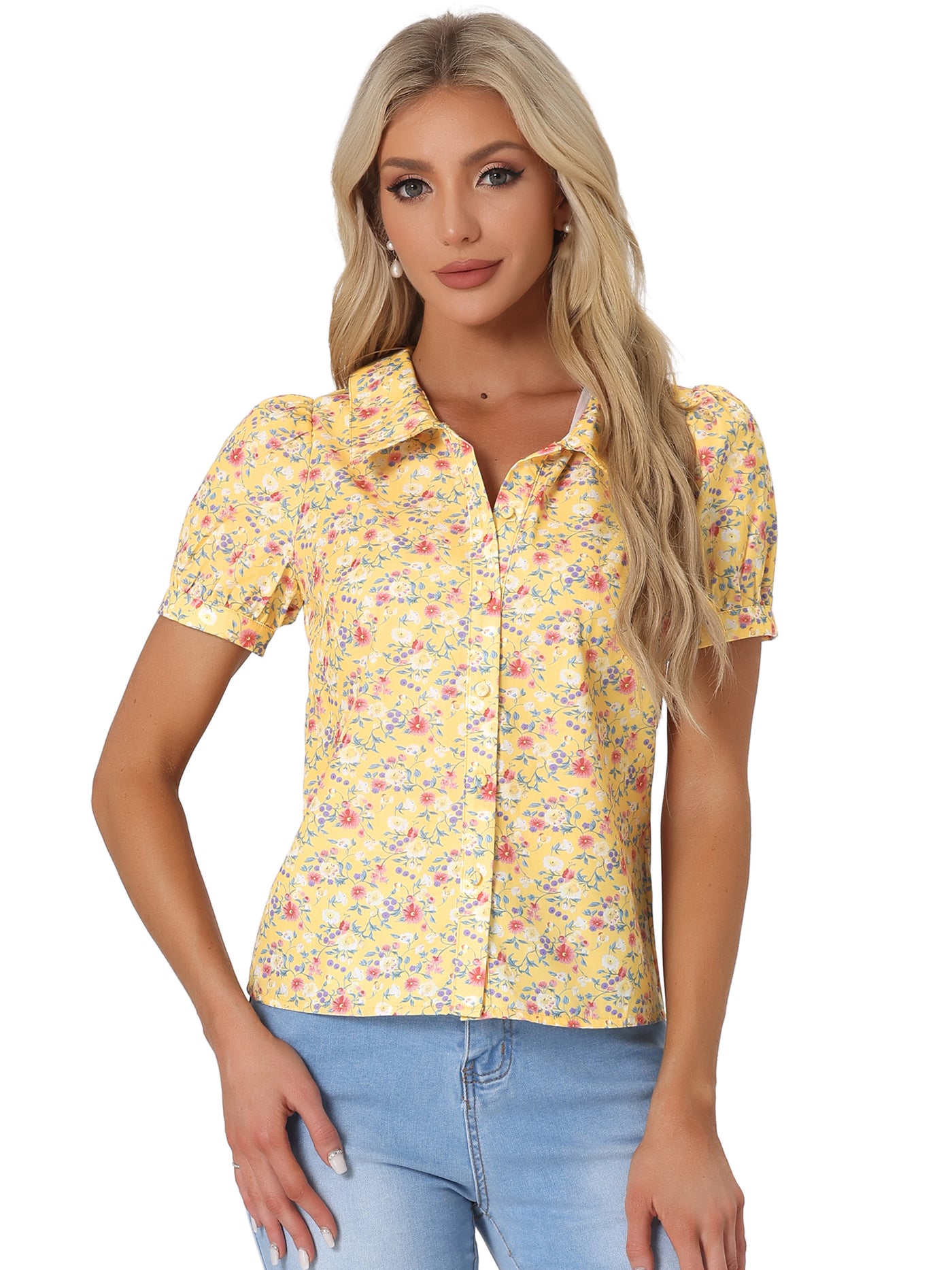 Allegra K Puff Sleeve Shirt Point Collar Top Button Down Floral Blouse