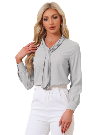 Long Sleeve Blouse Chiffon Pleated Tie Neck Office Top Shirt