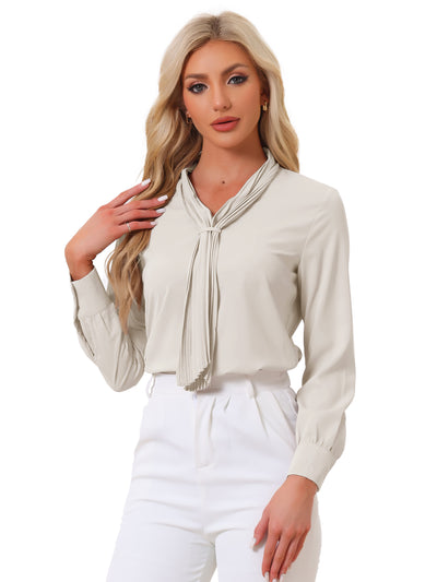 Long Sleeve Pleated Tie Neck Office Chiffon Blouse