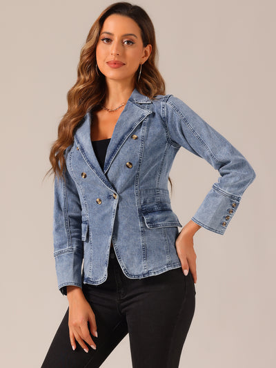 Notched Lapel Long Sleeve Pockets Denim Blazer Jean Jacket