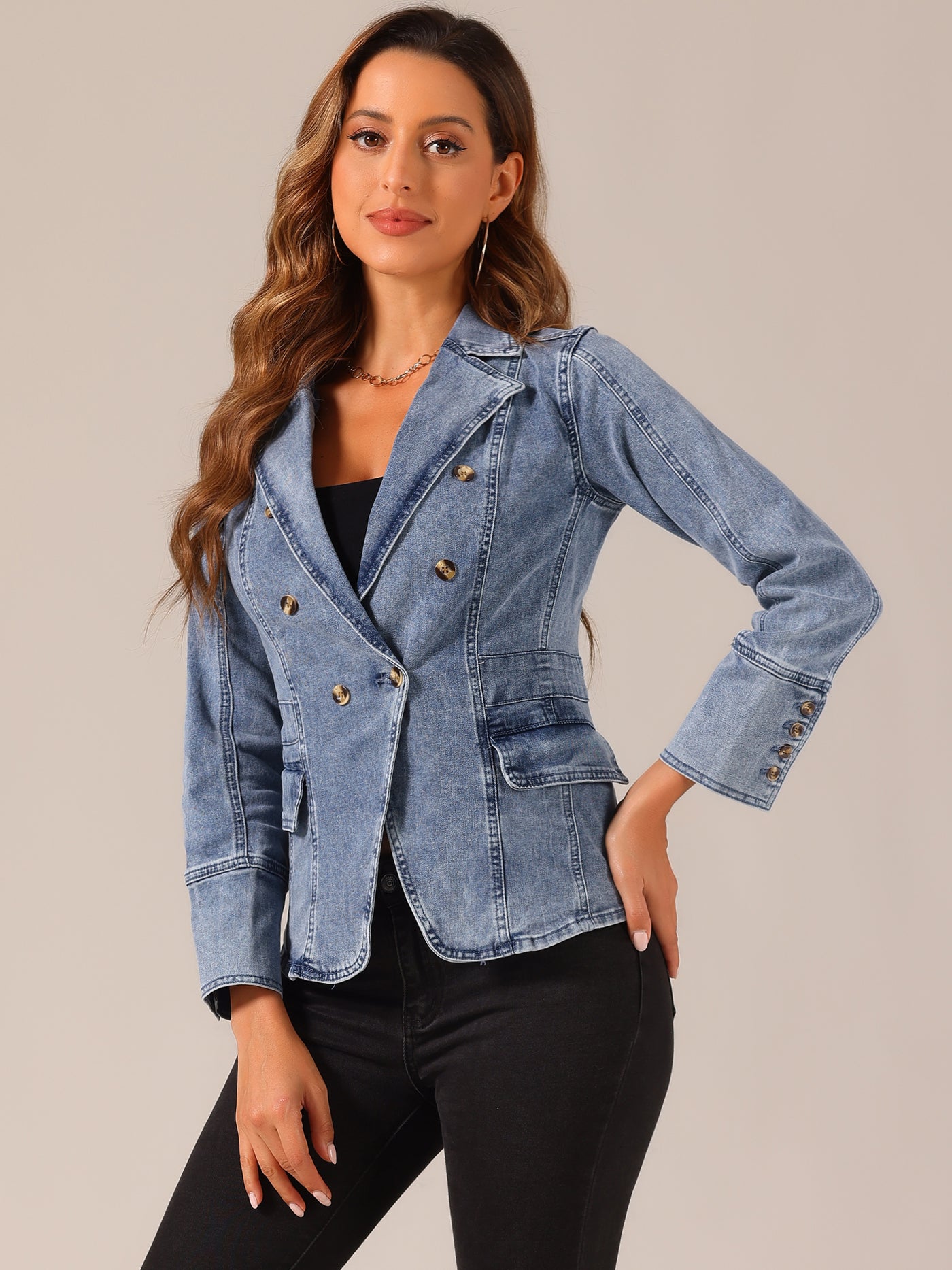 Allegra K Notched Lapel Long Sleeve Pockets Denim Blazer Jean Jacket