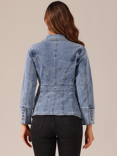 Notched Lapel Long Sleeve Pockets Denim Blazer Jean Jacket