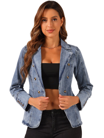 Notched Lapel Long Sleeve Pockets Denim Blazer Jean Jacket