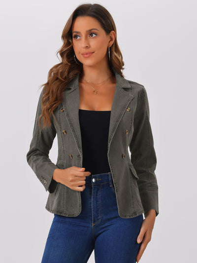 Notched Lapel Long Sleeve Pockets Denim Blazer Jean Jacket