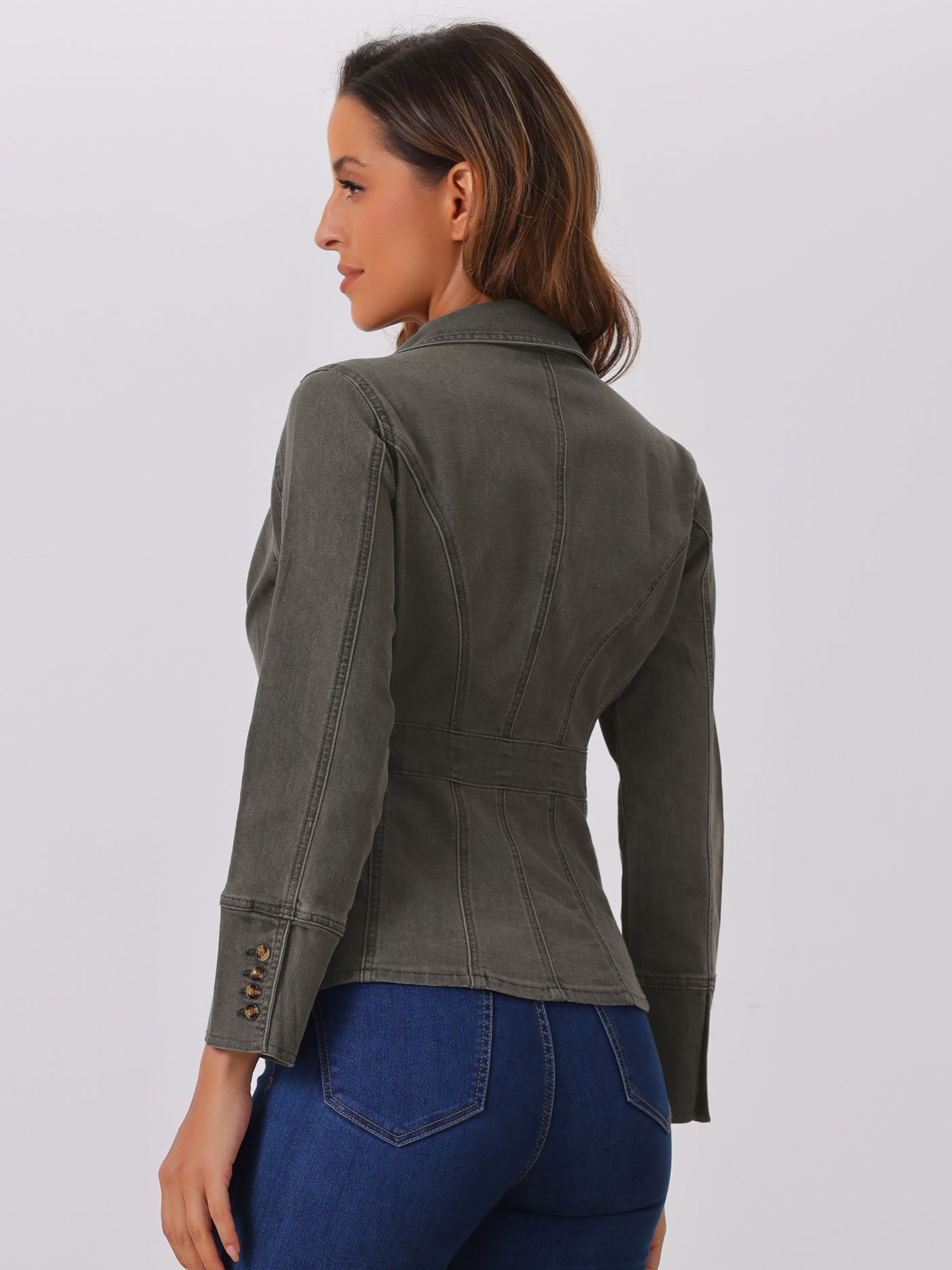 Allegra K Notched Lapel Long Sleeve Pockets Denim Blazer Jean Jacket