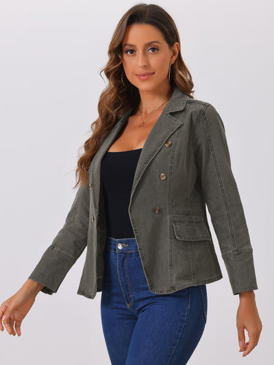 Notched Lapel Long Sleeve Pockets Denim Blazer Jean Jacket