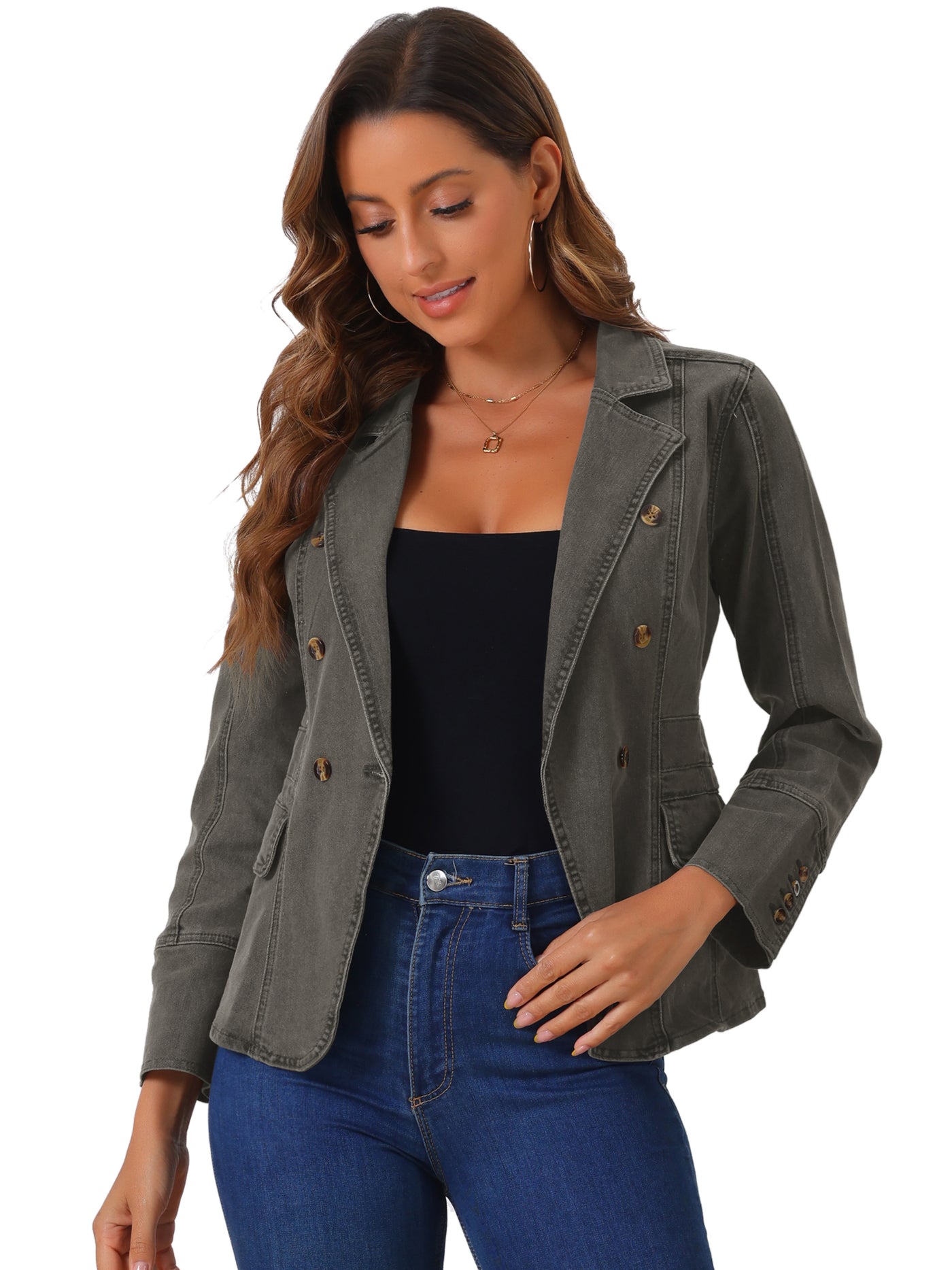 Allegra K Notched Lapel Long Sleeve Pockets Denim Blazer Jean Jacket