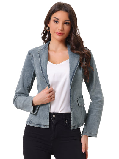 Notched Lapel One Button Long Sleeve Business Washed Denim Blazer