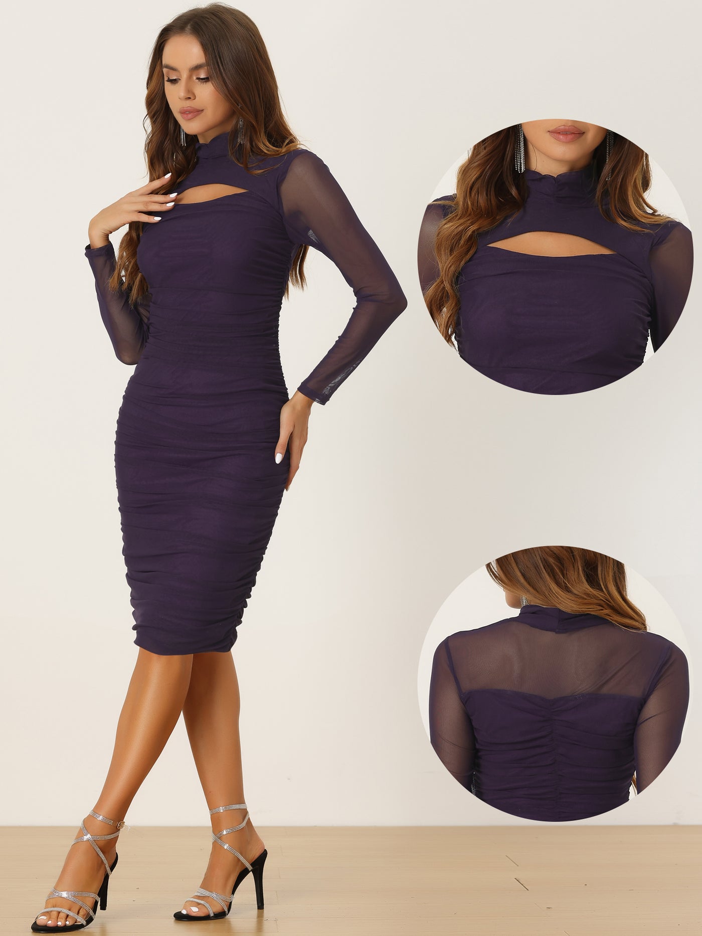 Allegra K Mesh Ruched Bodycon Mock Neck Long Sleeve Cut Out Dress