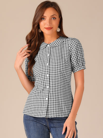 Plaid Puff Short Sleeve Gingham Peter Pan Collar Button Down Shirt