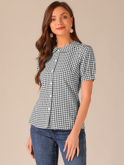 Plaid Puff Short Sleeve Gingham Peter Pan Collar Button Down Shirt