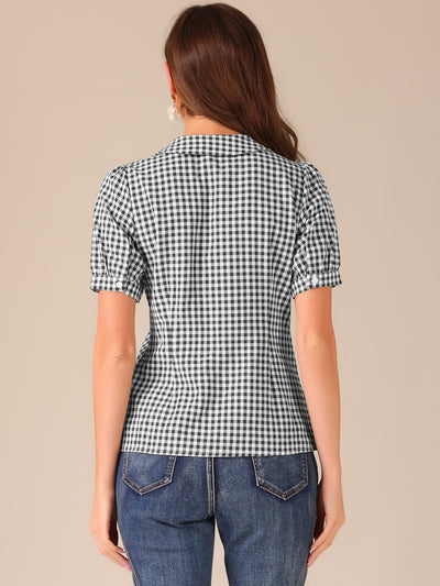 Plaid Puff Short Sleeve Gingham Peter Pan Collar Button Down Shirt