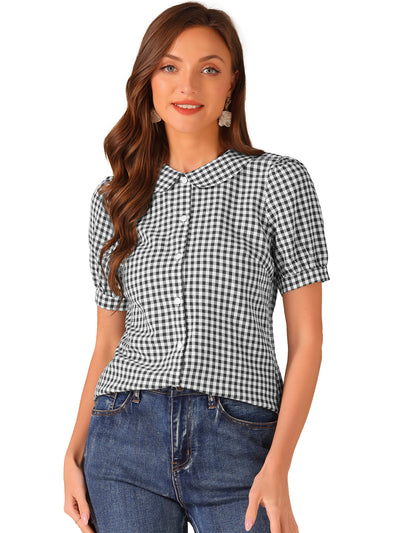 Plaid Puff Short Sleeve Gingham Peter Pan Collar Button Down Shirt