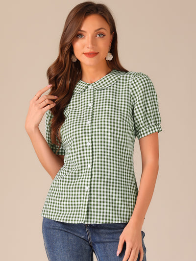 Plaid Puff Short Sleeve Gingham Peter Pan Collar Button Down Shirt