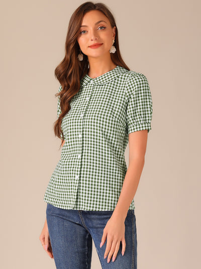 Plaid Puff Short Sleeve Gingham Peter Pan Collar Button Down Shirt