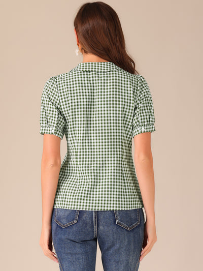 Plaid Puff Short Sleeve Gingham Peter Pan Collar Button Down Shirt