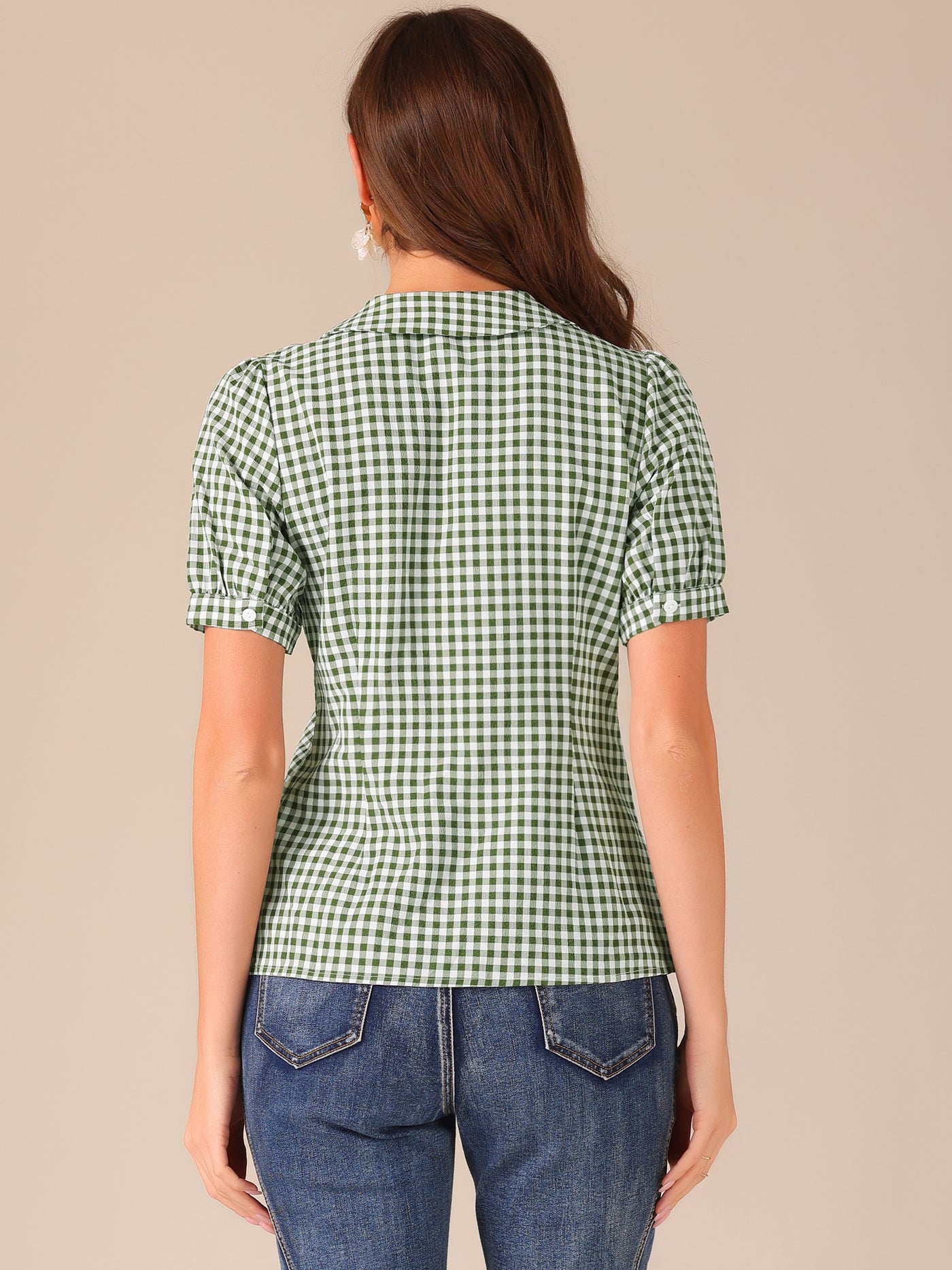 Allegra K Plaid Puff Short Sleeve Gingham Peter Pan Collar Button Down Shirt