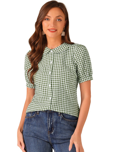 Plaid Puff Short Sleeve Gingham Peter Pan Collar Button Down Shirt