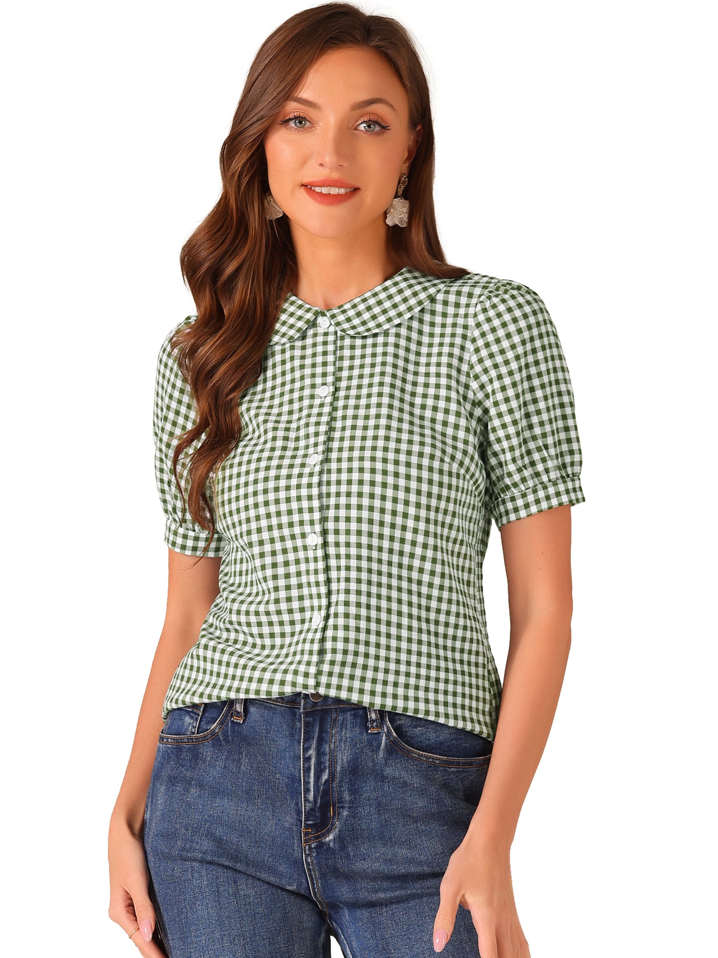 Allegra K Plaid Puff Short Sleeve Gingham Peter Pan Collar Button Down Shirt