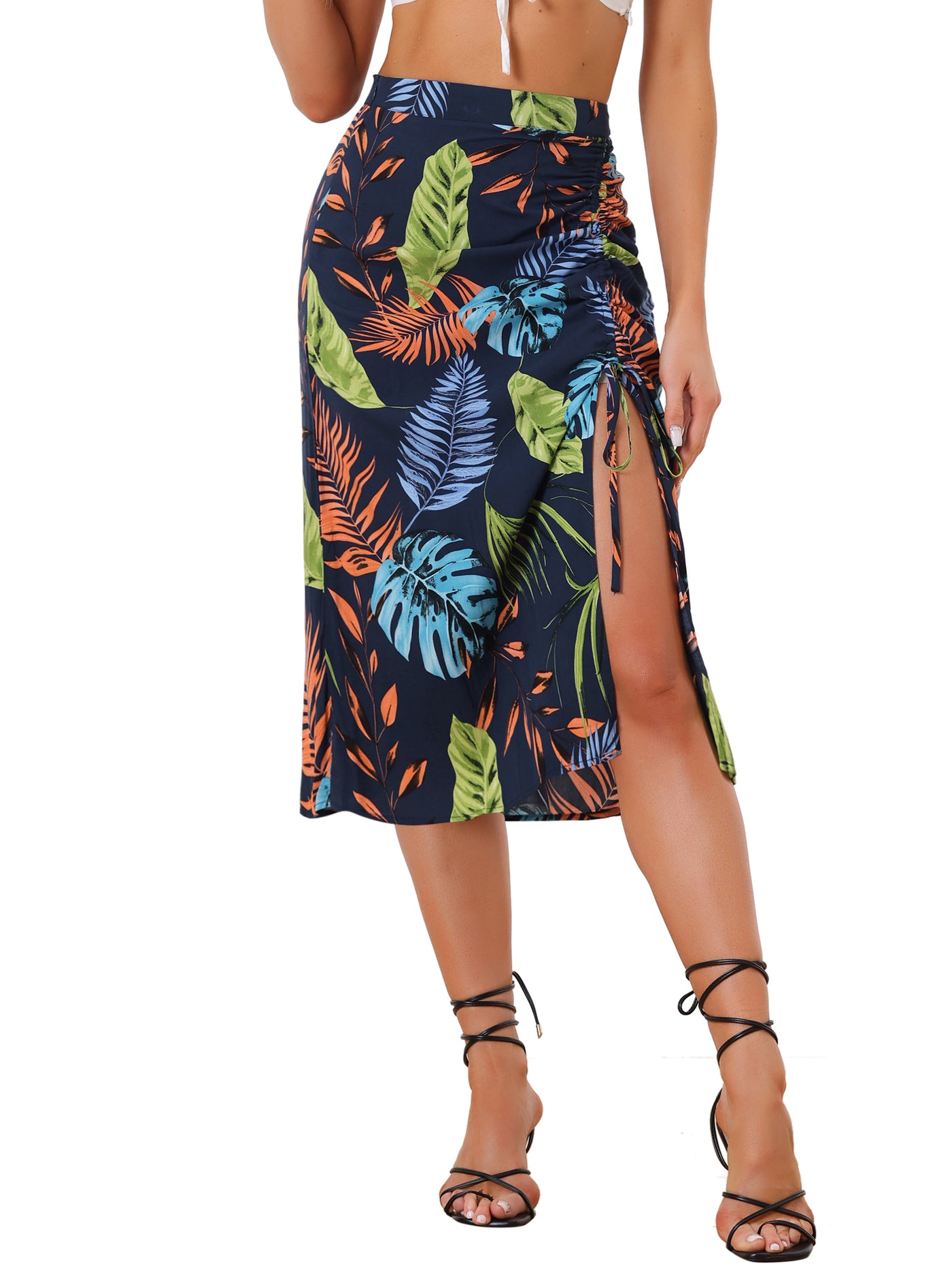 Allegra K Women's Hawaiian Skirts Beach Ruched Front Tropical Skirt with Slit