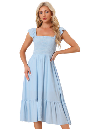 Boho Square Neck Ruffle Tiered Flowy Smocked Midi Dress Sundress