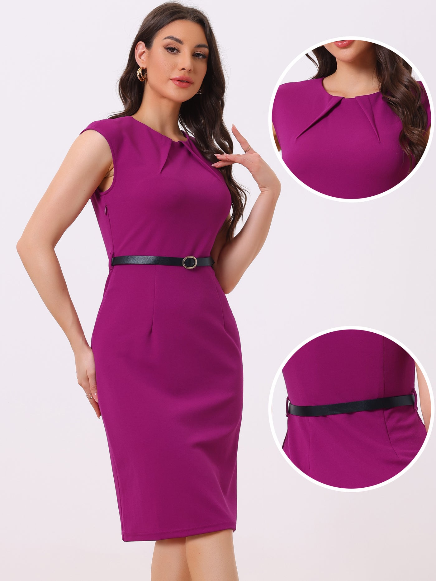 Allegra K Elegant Business Cap Sleeve Belted Pencil Work Sheath Dress