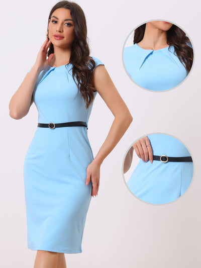 Elegant Business Cap Sleeve Belted Pencil Work Sheath Dress