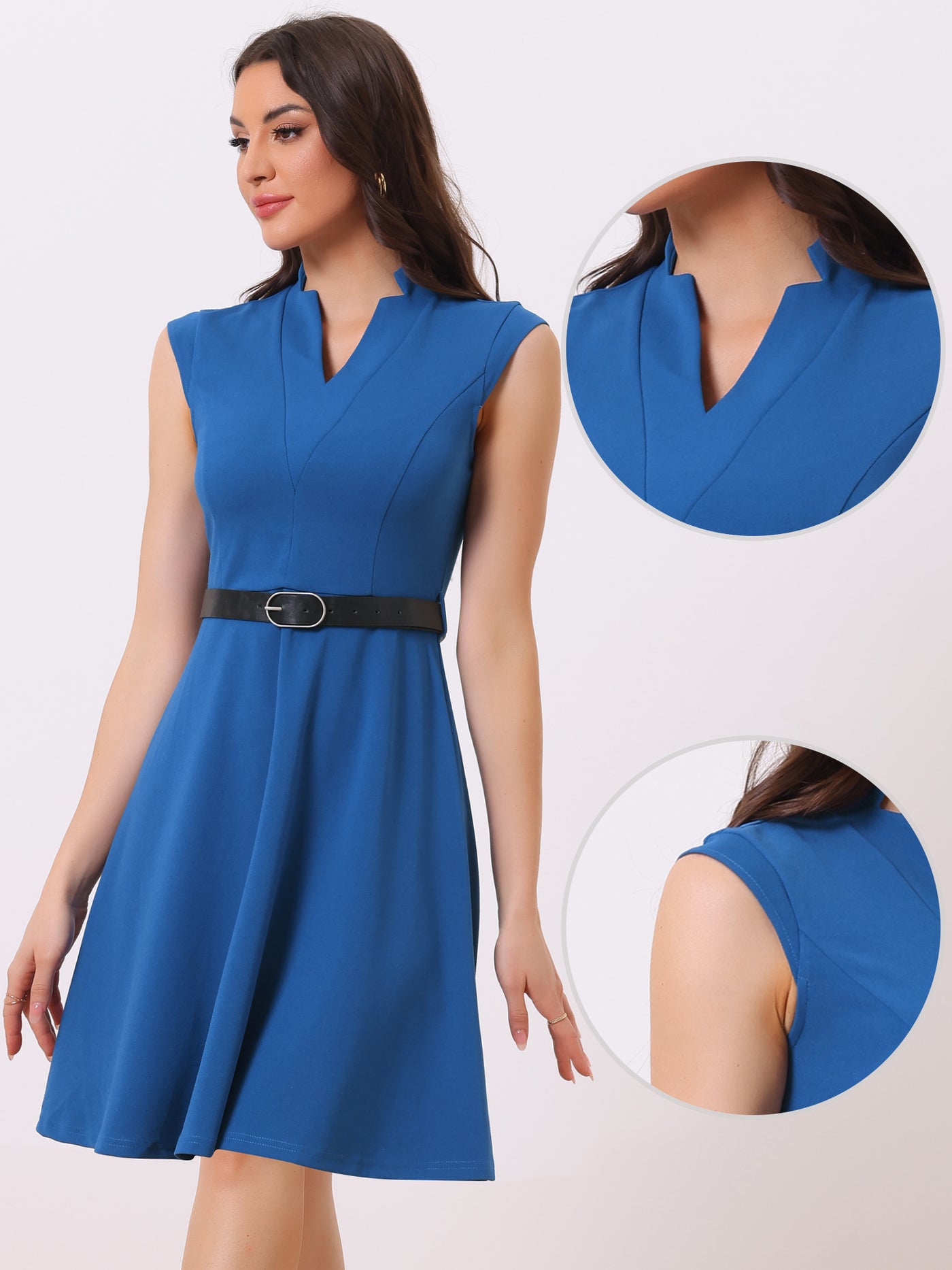 Allegra K Office V Neck Work Sleeveless A-line Midi Solid Belted Dress