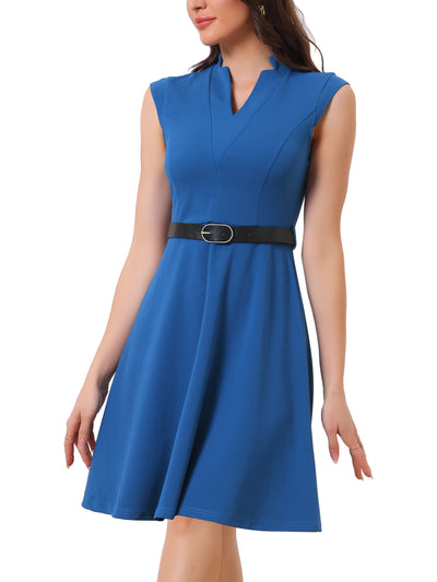 Office V Neck Work Sleeveless A-line Midi Solid Belted Dress