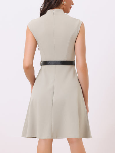 Office V Neck Work Sleeveless A-line Midi Solid Belted Dress