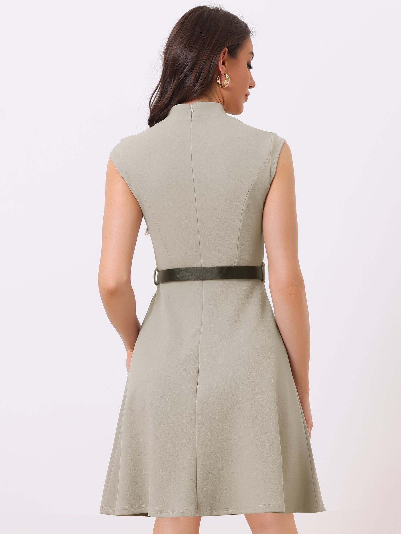 Allegra K Office V Neck Work Sleeveless A-line Midi Solid Belted Dress