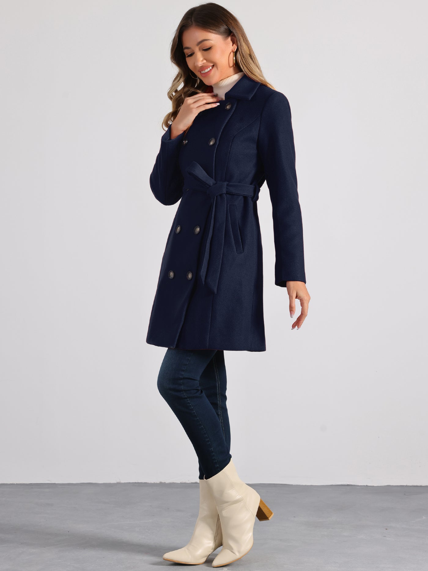 Allegra K Lapel Double Breasted Slant Pocket Button Belted Pea Coats