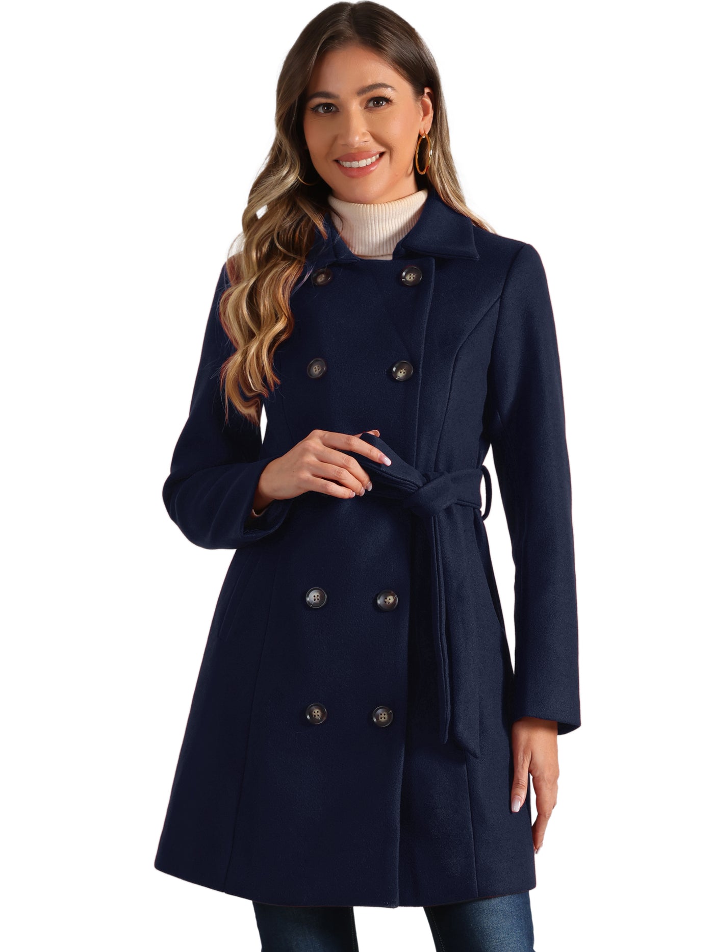 Allegra K Lapel Double Breasted Slant Pocket Button Belted Pea Coats