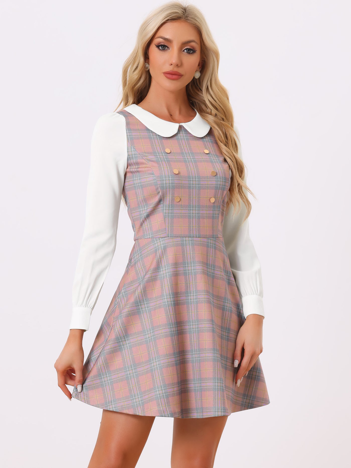 Allegra K Peter Pan Collar Contrast Color Button Decor Plaid Dress