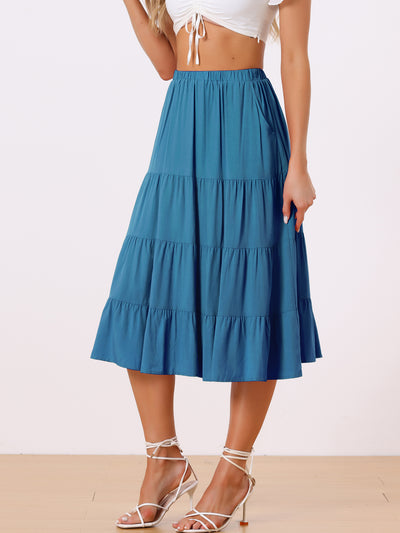 Midi Solid Elastic Waist Flare Tiered Long Pockets A-Line Skirt