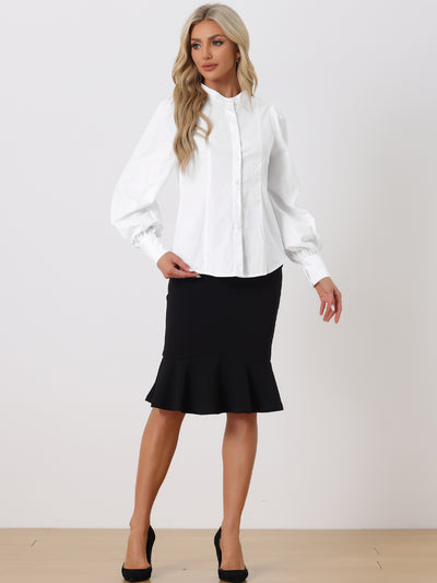 Stand Neck Pleated Lantern Long Sleeves Button Down Shirt