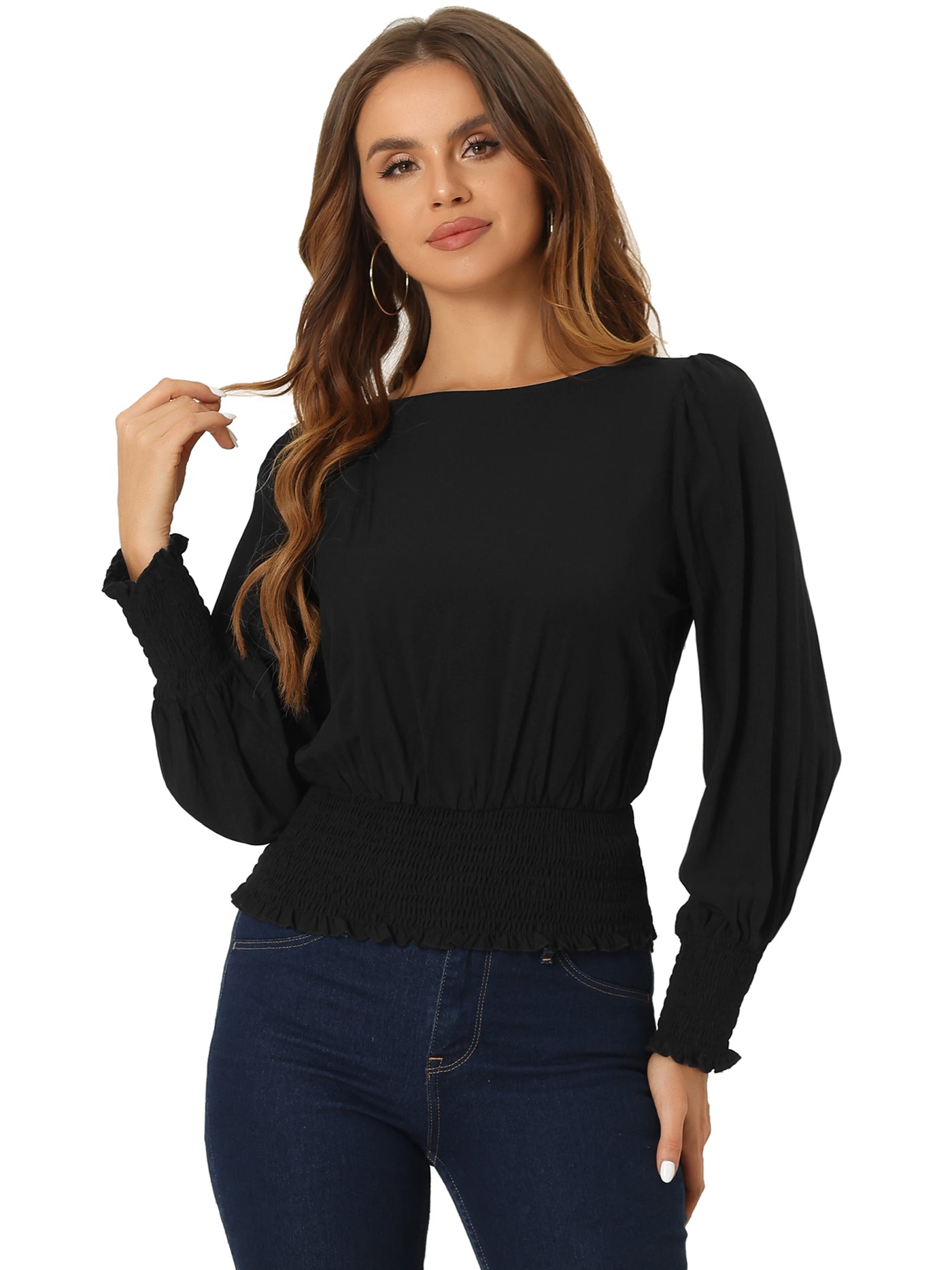 Allegra K Women's Long Sleeve Round Neck Smock Waist Blouse Tops