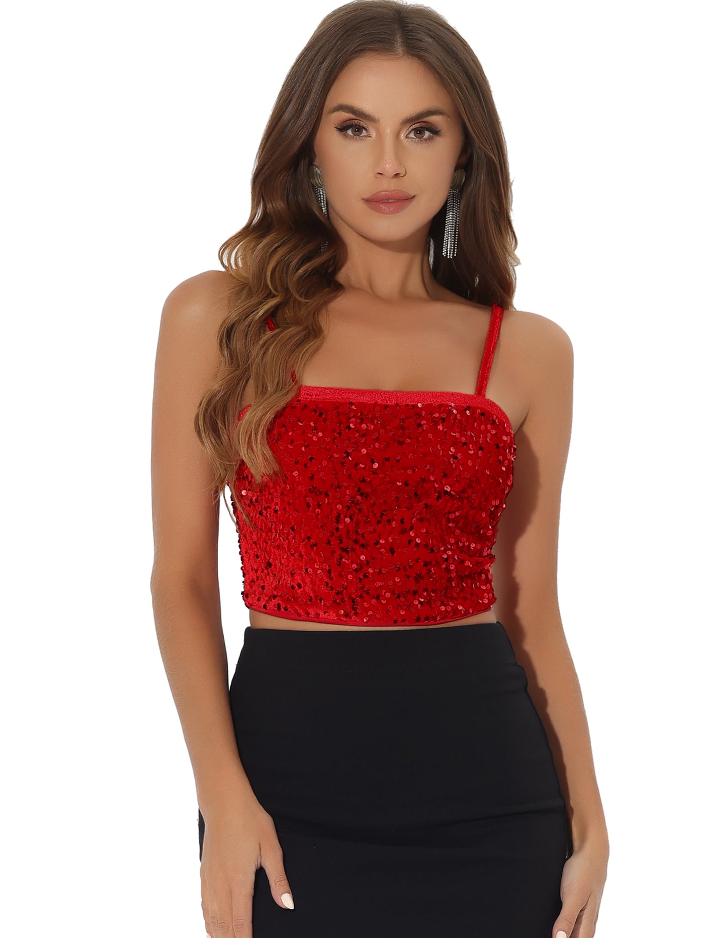 Allegra K Sequined Velvet Spaghetti Strap Club Party Cropped Cami Top