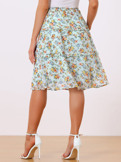 Floral Smocked Elastic Waist Knee Length Ruffle Tiered Skirt