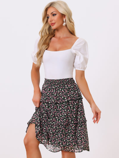 Floral Smocked Elastic Waist Knee Length Ruffle Tiered Skirt