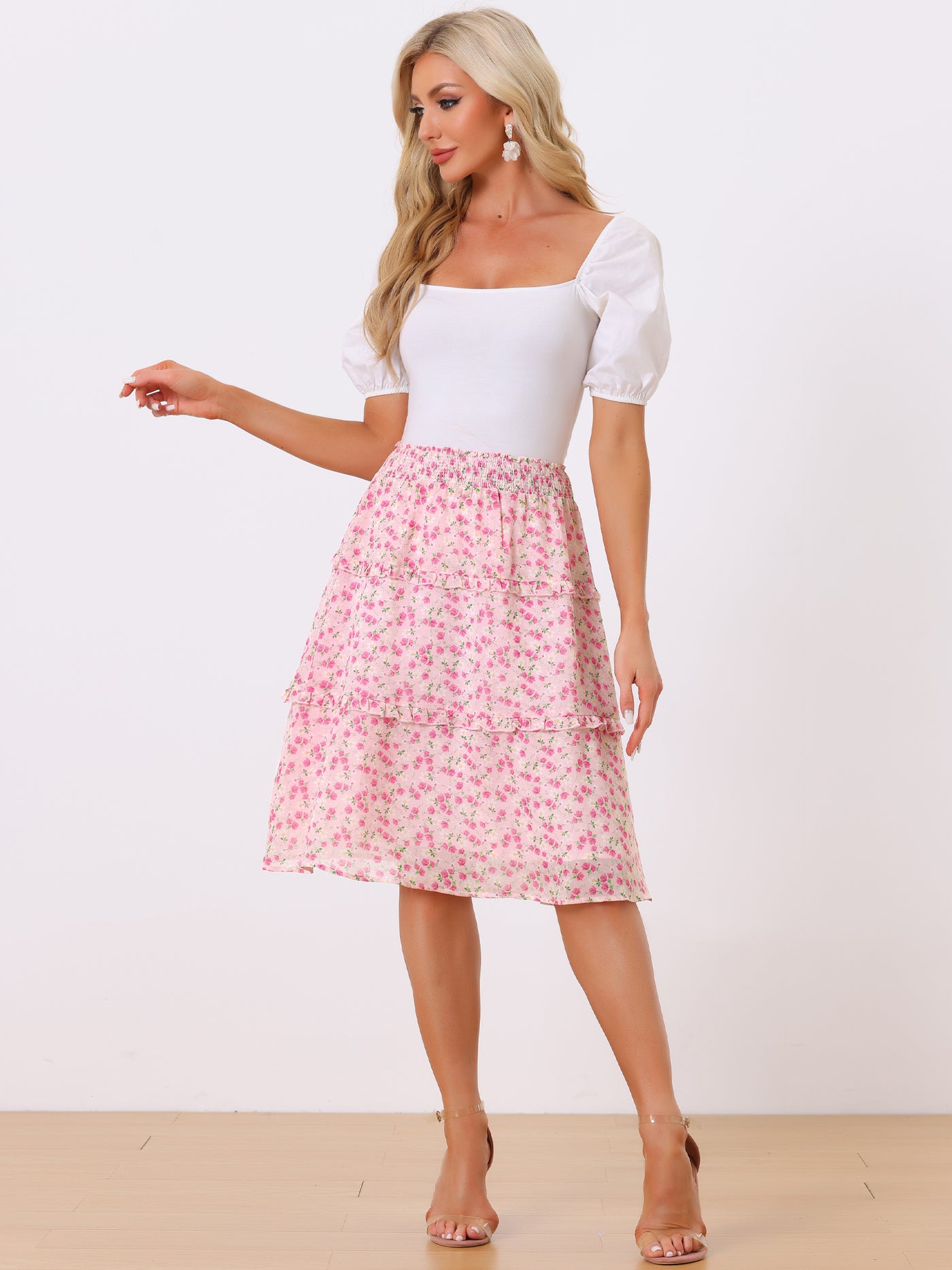 Allegra K Floral Smocked Elastic Waist Knee Length Ruffle Tiered Skirt